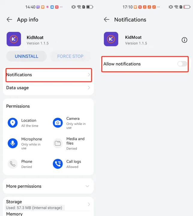 KidMoat notifications screen on HarmonyOS 4 with Allow notifications to switch on