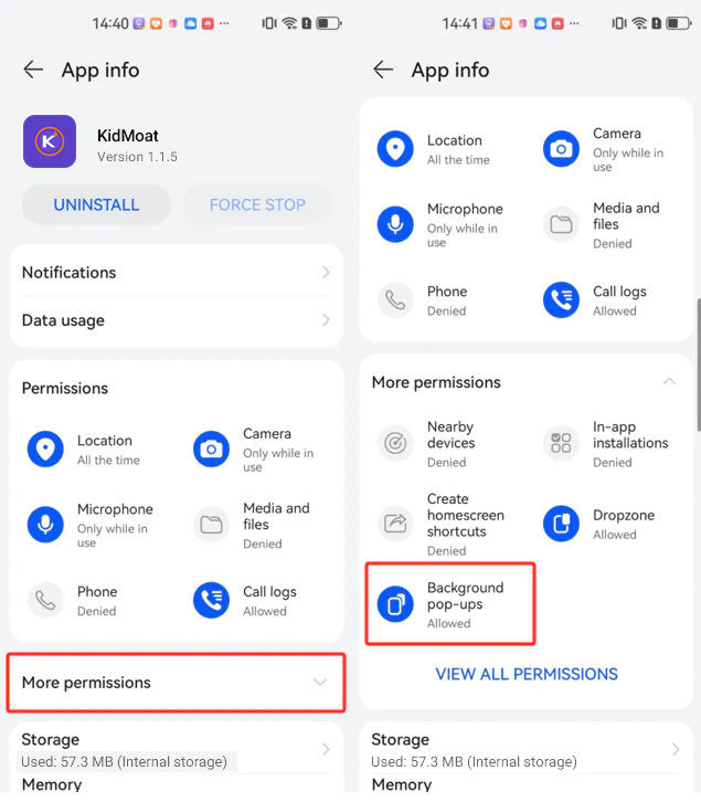 KidMoat App info on HarmonyOS 4 with More permissions expanded showing Background pop-ups allowed