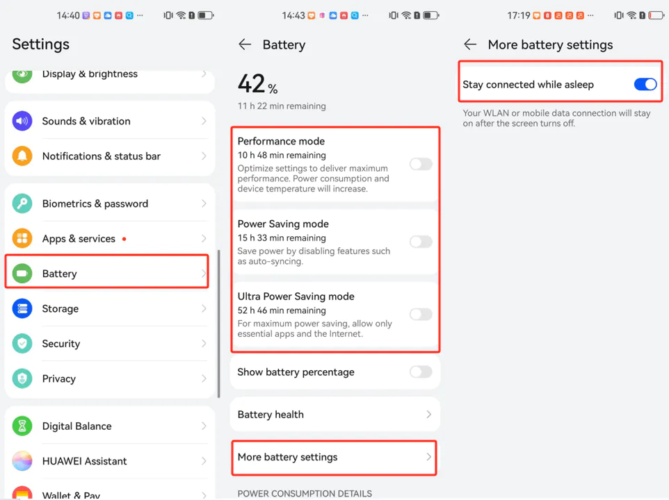HarmonyOS 4 Battery settings with saving modes off and Stay connected while asleep on