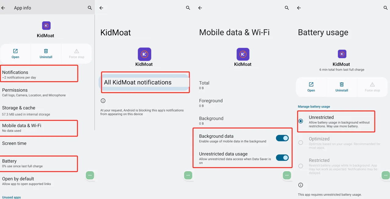 KidMoat App info on Motorola showing notifications enabled, background data toggles on and battery usage set to Unrestricted