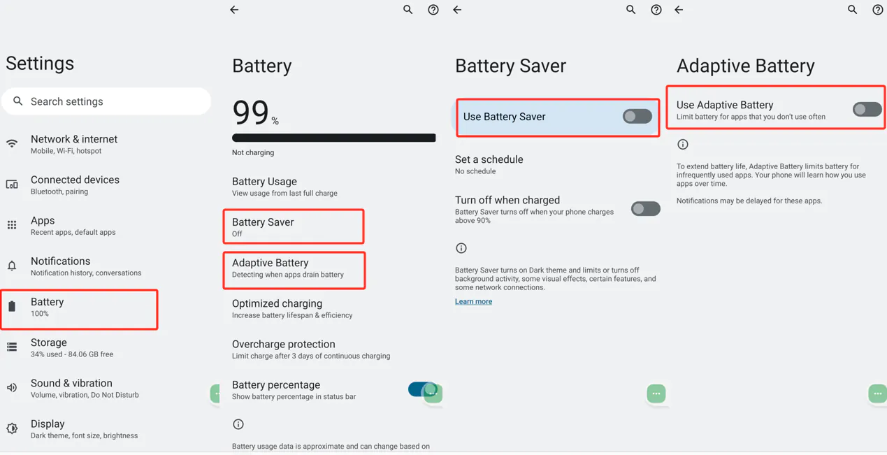 Motorola Battery settings with Battery Saver and Adaptive Battery both switched off