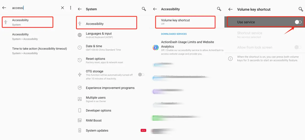 OnePlus settings search for accessibility showing the Accessibility screen and its services