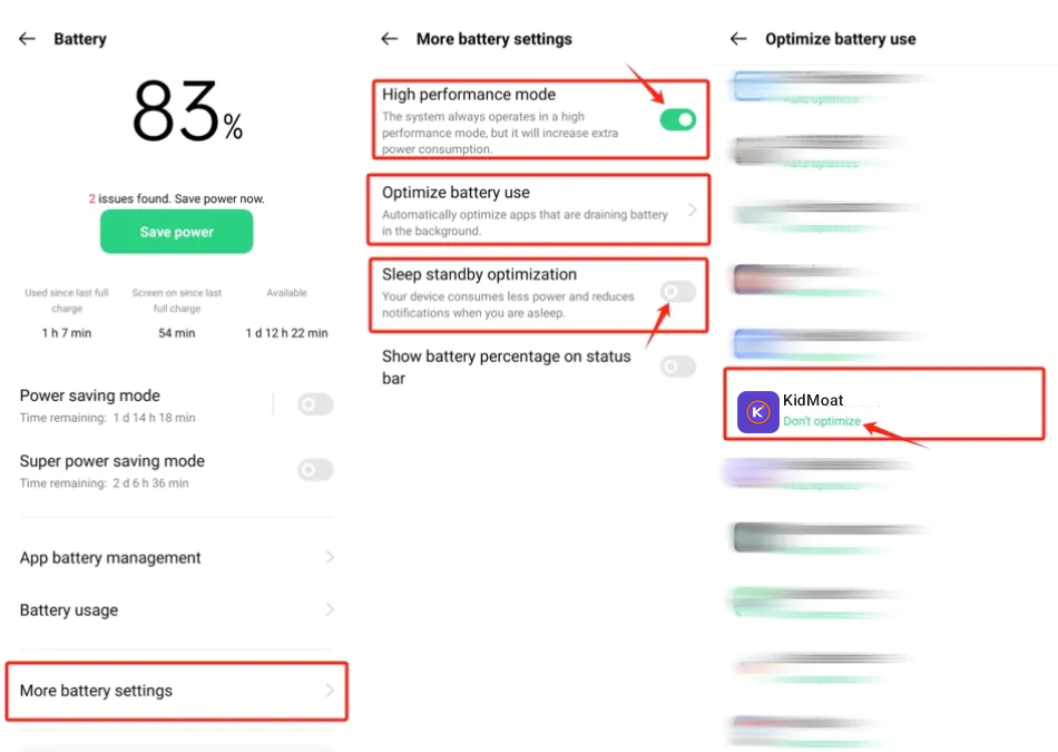ColorOS More battery settings with High performance mode on, Sleep standby optimization off, and KidMoat set to Don't optimize