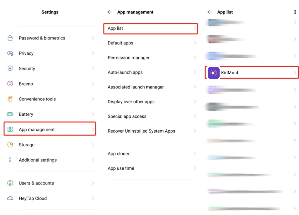 ColorOS App management and App list with KidMoat selected
