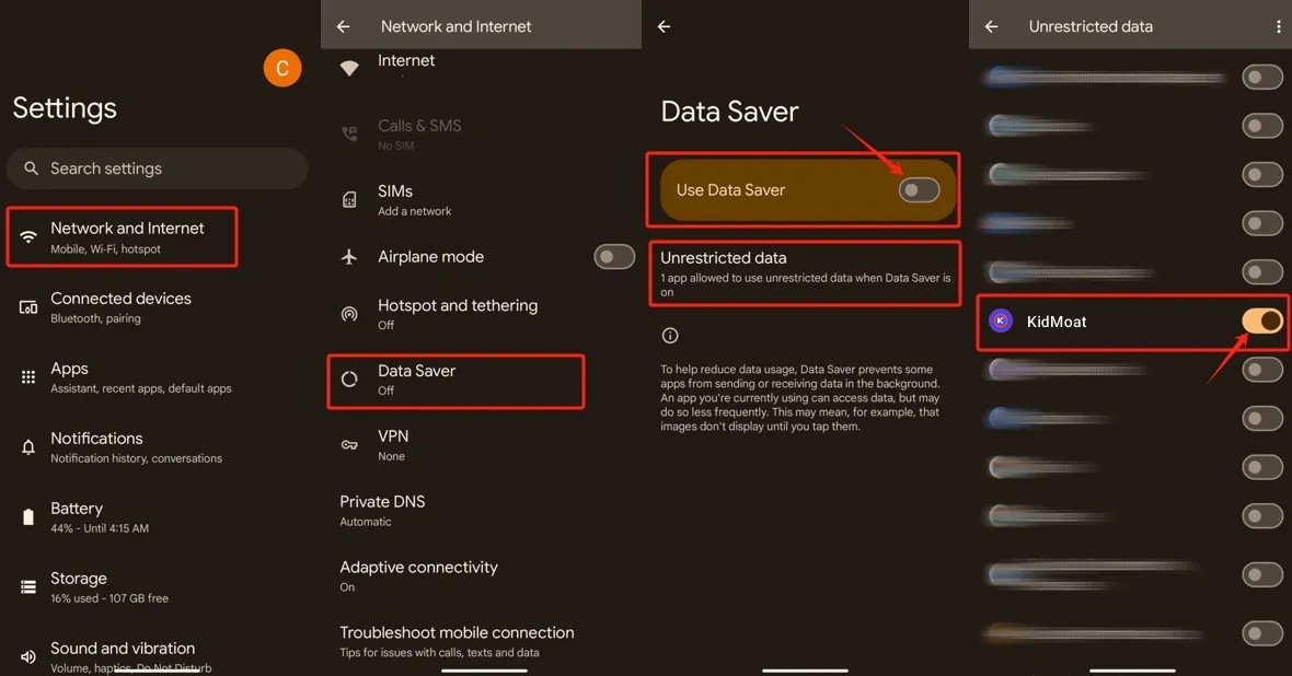 Pixel settings showing Network and Internet, Data Saver and the Unrestricted data list with KidMoat switched on
