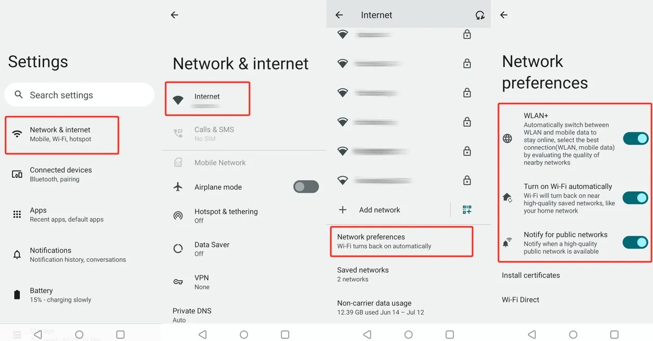 realme Network preferences with WLAN+ and automatic Wi-Fi enabled