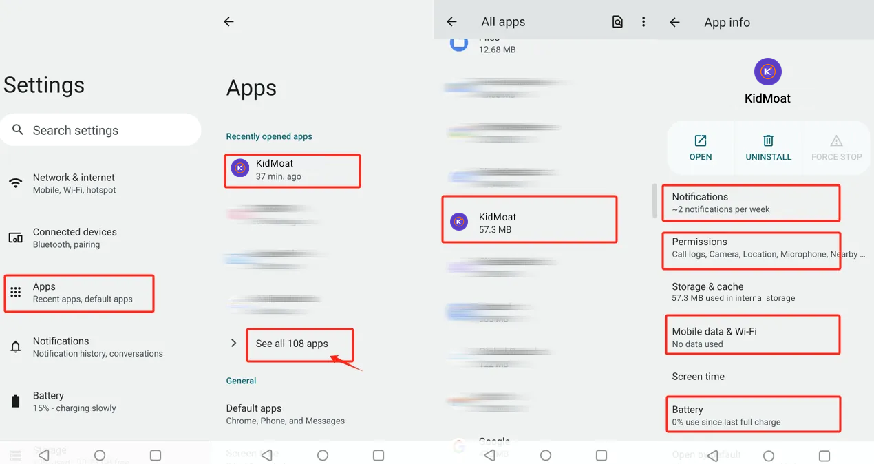realme settings showing Apps, All apps and KidMoat's App info entries