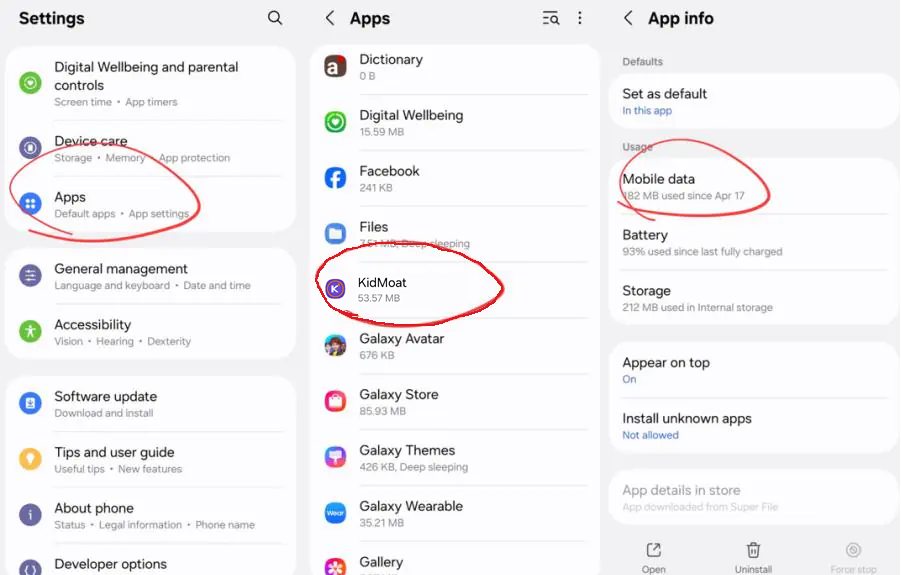 Samsung settings showing Apps, KidMoat and the Mobile data entry