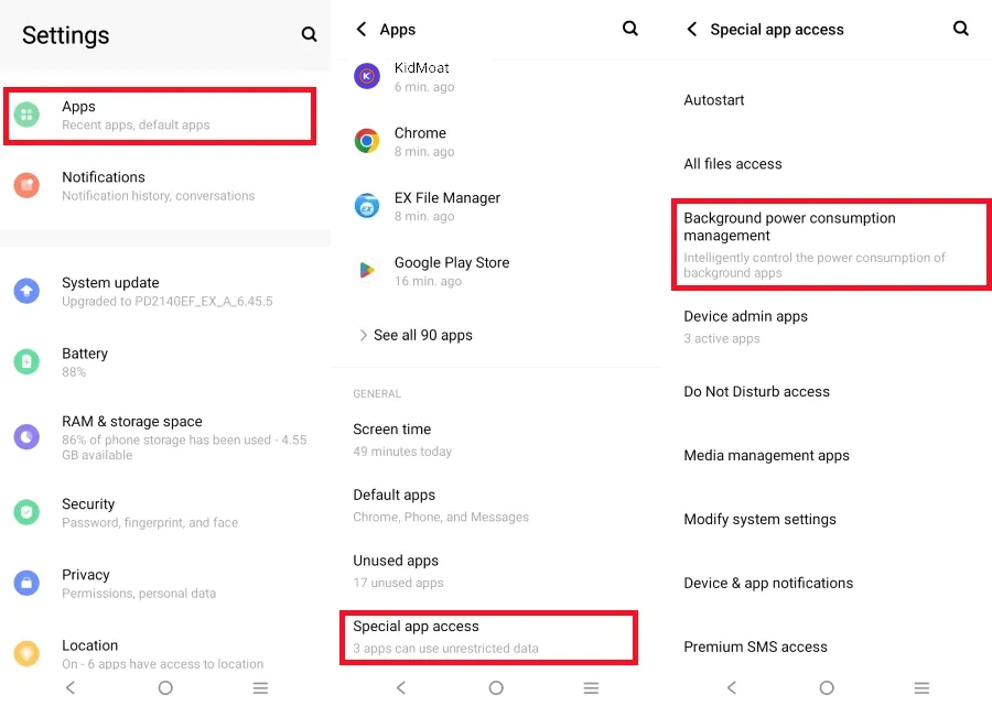 vivo Special app access list showing the Background power consumption management entry