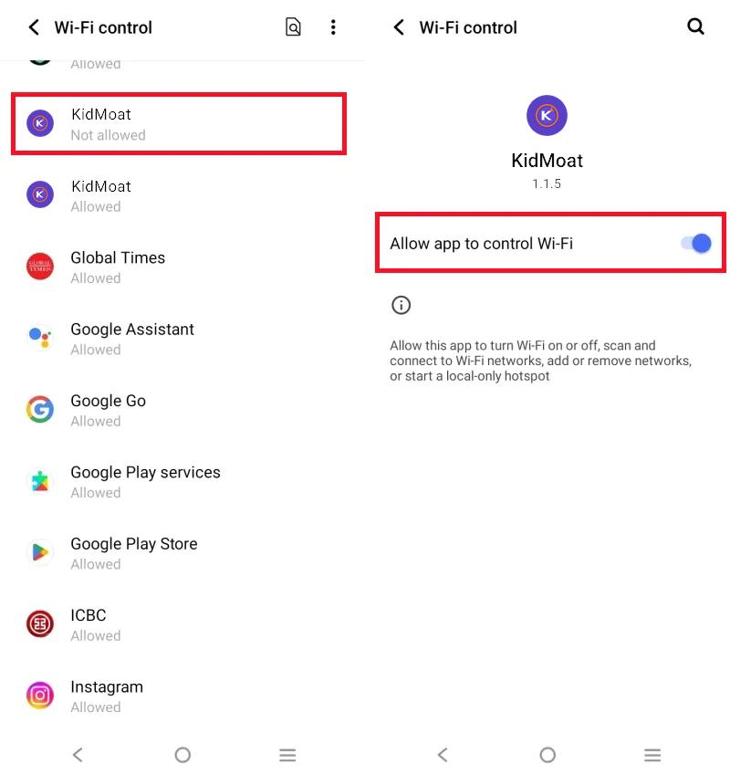vivo Wi-Fi control screen with Allow app to control Wi-Fi enabled for KidMoat