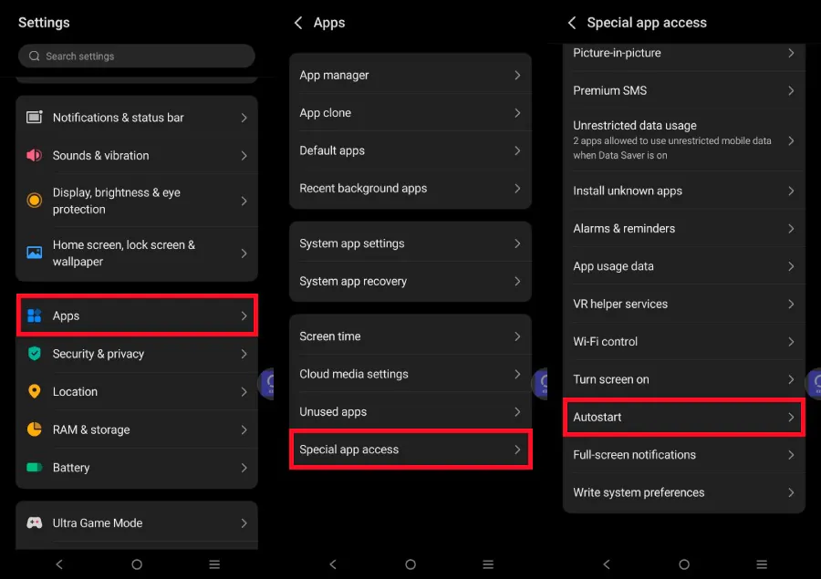 vivo settings on Android 15 showing Apps, Special app access and Autostart