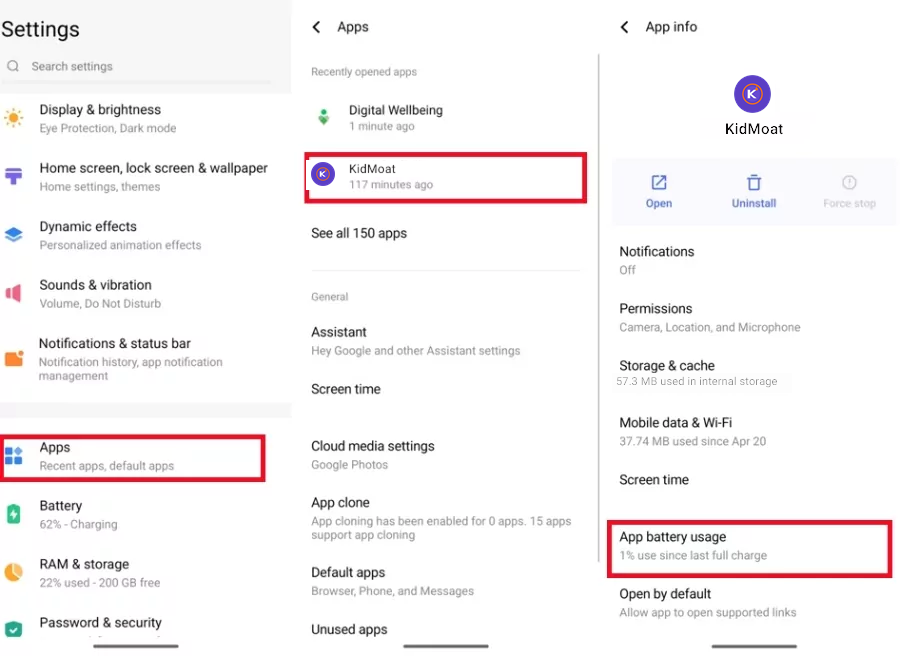 KidMoat App info on Android 15 vivo with App battery usage highlighted