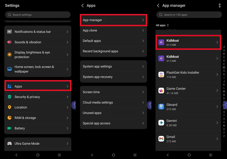 vivo App manager on Android 16 with KidMoat selected