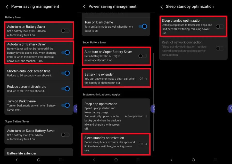 Power saving management with auto battery saver options off and Sleep standby optimization disabled