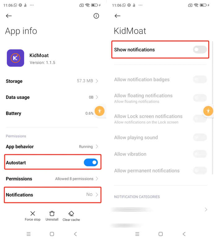 KidMoat App info on MIUI with the Autostart toggle on and the notifications screen with Show notifications to enable