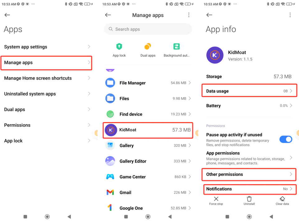 MIUI 14 Manage apps and KidMoat App info showing Data usage, Other permissions and Notifications entries