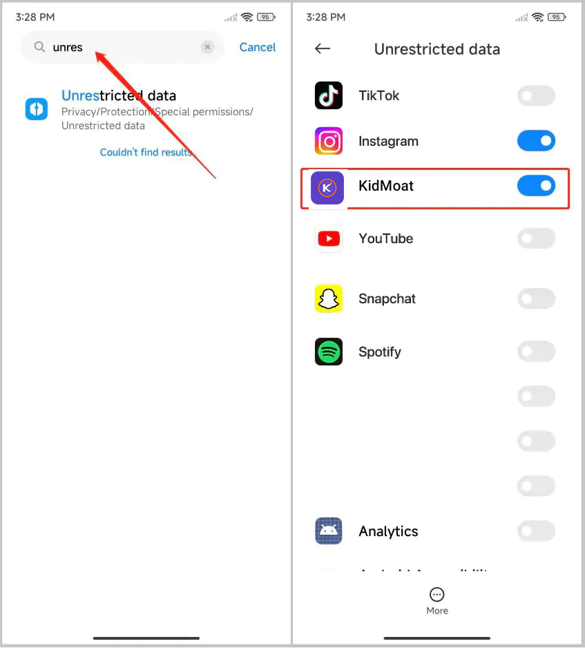 MIUI 14 Unrestricted data list with KidMoat switched on