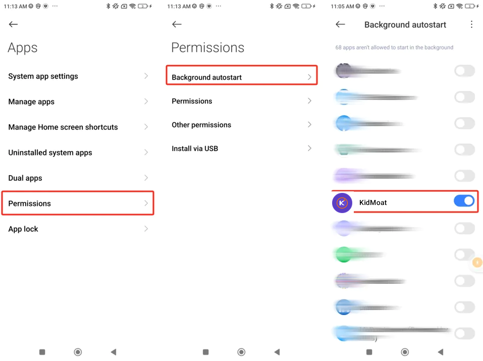 MIUI Background autostart permission list with KidMoat switched on